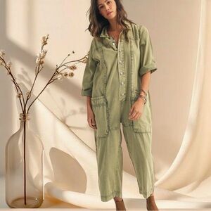 Olive Green Utility One Piece Jumpsuit Vintage Washed Button Front